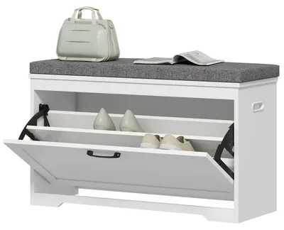 Produktbild von Schuhbank, moderne Eingangsbank mit gepolsterter Sitzfläche, Klappschublade und verstellbarem Regal, 80 x 30 x 50 cm, weiß