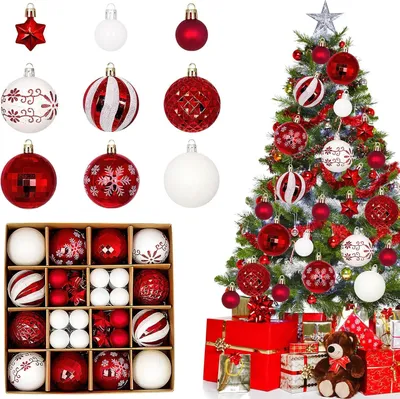 Produktbild von 44 Stš¹ck Weihnachtskugeln Kunststoff, Christbaumkugeln Weihnachtsbaumkugeln Set, Personalisierte Weihnachtskugeln wei? & rot, Weihnachtsbaumschmuck Kugeln, Weihnachtsdeko Au?en Innen