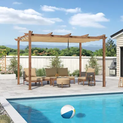 Produktbild von PURPLE LEAF Pergola 3 x 4 m Holzoptik Terrassenüberdachung Aluminium Pavillon mit Einziehbarem Dach Freistehend mit Markisenschutz, Beige