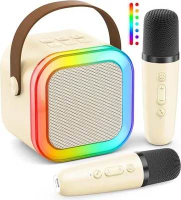 Produktbild von Ankuka Karaoke Machine Kinder Mini Kinder Erwachsene, System 2 Mikrofone Mädchen Spielzeugmikrofon 3-12 Jahre (Beige)
