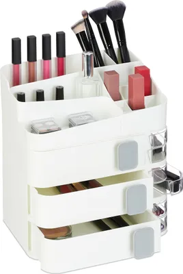 Image de Organiseur de maquillage Relaxdays, 24 compartiments, rangement pour produits de beauté, plastique, H x l x P : 27,5 x 26 x 21 cm, organiseur de maquillage, blanc