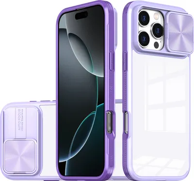 Produktbild von Hülle für iPhone 16 Pro Transparent TPU Bumper Schutzhülle mit Schiebe Kamera Schutz Lila