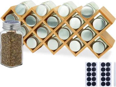 Obrázok produktu pre Relaxdays Bambusová polička na koreniny, rozmery: 18 x 43 x 9,5 cm, sklenené nádoby, štítky, pero, stojan na koreniny na pracovnú dosku, kuchyňa, prírodná farba