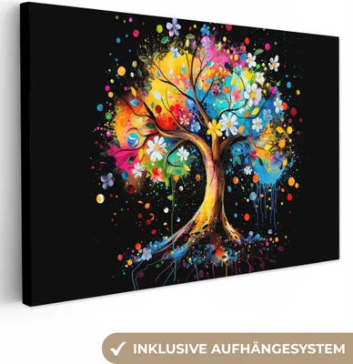Produktbild von MuchoWow® - Leinwandbilder - Baum - Bunt - Blumen - Schwarz, Wandbild, Wanddeko Bilder Wohnzimmer, 120x80 cm