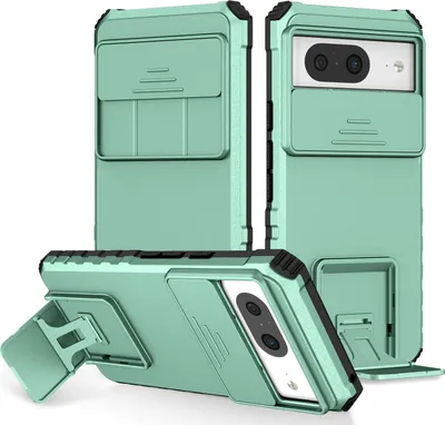 Produktbild von Dual Layer Hülle für Google Pixel 8 Stossfest Robust Ständer Schutzhülle mit Schiebe Kamera Schutz Türkis