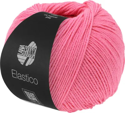 A ball of pink yarn with a black label.