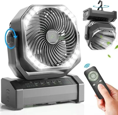 Obrázek produktu pro Kempingový ventilátor s oscilací, časovačem a 4 rychlostmi, USB port pro nabíjení pro kempování
