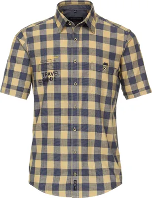 Produktbild von Casa Moda Herren Freizeithemd Kurzarm Gelb kariert mit Schriftzug Casual Fit Kent Kragen