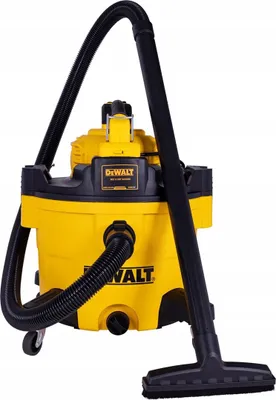 A yellow and black DeWalt industrial vacuum cleaner is shown against a white background.