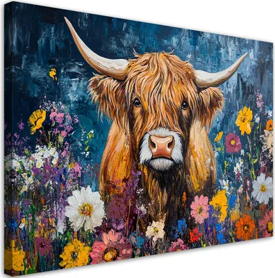 Immagine prodotto di Quadro su tela Mucca delle Highlands Astrazione Fiori 60x40 Feeby Quadro colorato per la parete pronto da appendere