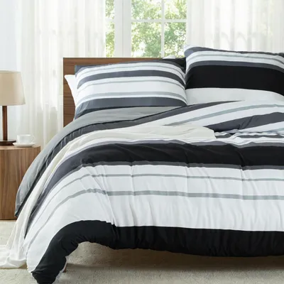 Immagine prodotto di Set di lenzuola 135x200 cm, composto da 2 pezzi, con federa 80x80 cm, in microfibra, colore nero, motivo a righe