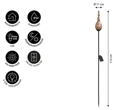 Produktbild von Dehner Solar-Stab Sira, Gartenleuchte mit warmweißem Licht, IP44, Höhe 113 cm, Ø 8 cm, Metall / Glas / Kunststoff, bronze