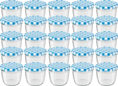 A grid of small glass jars with blue and white checkered lids.