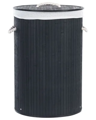 Image de BELIANI Panier à linge noir en bambou et polyester avec couvercle amovible et poignées, design moderne et polyvalent