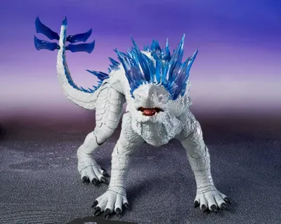 A white, dragon-like creature with blue crystalline spikes on its head and tail stands on a gray, textured surface against a purple and gray gradient background.
