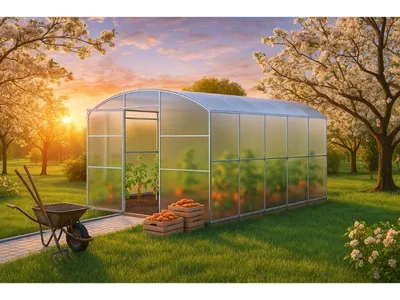 A greenhouse in a garden during sunset, with a wheelbarrow and crates of tomatoes nearby.