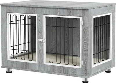 Produktbild von Hundekäfig, Hundehütte, Mit Kissen, 2 Verriegelungen Für Mittelegroße Hunde, Hundebox Mit Doppeltüren, Hundehaus, Grau, 90 X 58 X 65 Cm