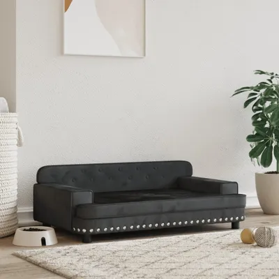 A black velvet dog sofa with silver stud accents is placed on a rug in a room with a white textured wall and a potted plant.