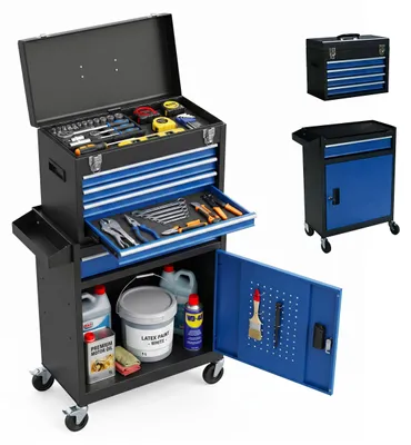 Immagine prodotto di Carrello da officina Relaxdays, 5 cassetti e contenitore aggiuntivo, con serratura, L x P x A: 104 x 59,5 x 28 cm, carrello su ruote, acciaio, nero-blu