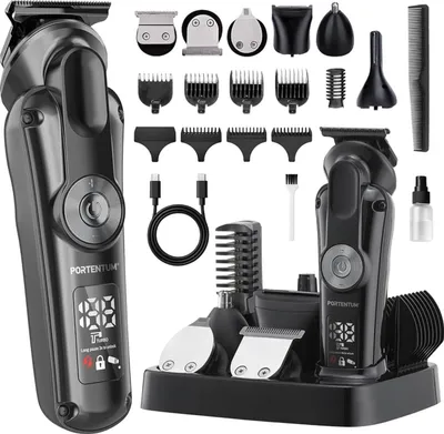 Image de Tondeuse à cheveux PORTENTUM Profi – Lot de 21 – Tondeuse à barbe pour homme avec LED – Tondeuse pour le visage et le corps – Tondeuse à barbe – 6 embouts – 7 peignes