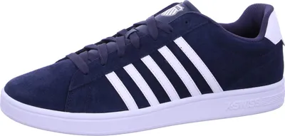 A single navy blue K-Swiss sneaker with white stripes is shown against a white background.