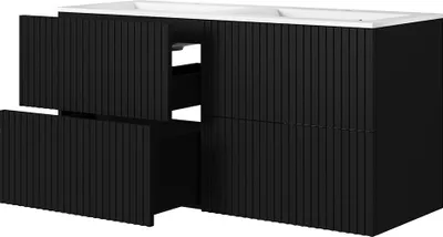 Produktbild von Badezimmer Doppelwaschtisch mit 120 cm Breite in schwarz matt mit gerillter Front, Einbauwaschbecken & 4 Schubladen - NAVASOTA-141