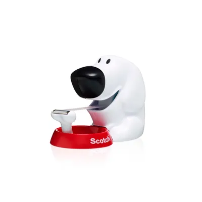 A white dog-shaped tape dispenser with a red bowl base.