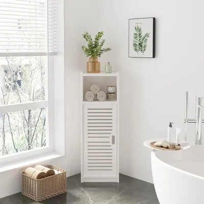 Immagine prodotto di Mobile da bagno stretto - Mobile da appoggio - Anta chiusa - Salvaspazio - Indipendente - Da montare - Bianco