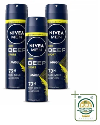 Imagen del producto de 3 unidades de desodorante en spray NIVEA MEN Deep Sport, 150 ml, pack ahorro