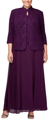 Produktbild von Alex Evenings Women's Plus Size Jacquard Knit Long Dress and Manadrin Jacket, Eg