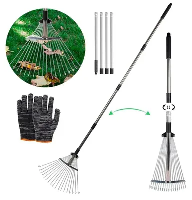 Immagine prodotto di Omgoods - Rastrello a foglie regolabile, 101-215 cm - Rastrello da giardino - Rastrello a foglie in metallo - Rastrello a foglie pieghevole - Rastrello a foglie in acciaio inossidabile - Resistente e robusto