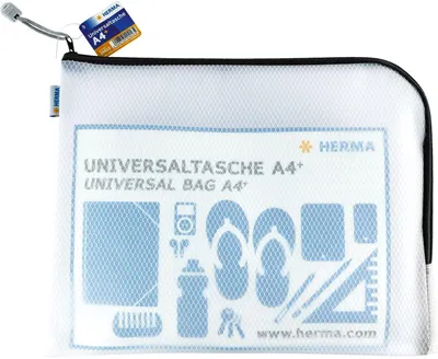 Produktbild von HERMA Dokumententasche A4 mit Reißverschluss, große wasserdichte Reißverschlusstasche, verschließbare Dokumentenmappe aus Kunstoff mit Zipper, halb-transparent, 36 x 28 cm, schwarz