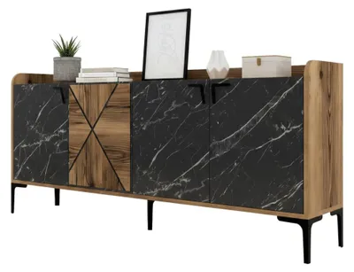 Produktbild von Kommode Erythros, Wohnzimmerbuffet, Wohnzimmer-Sideboard, Moderne Küchen-Speisekammer, 180x35 h79 cm, Walnuss und Schwarz