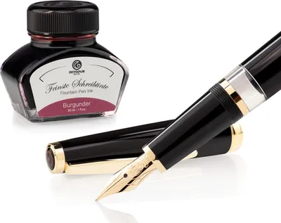 Immagine prodotto di Set penna stilografica Cleo Skribent Classic oro nero, penna stilografica a stantuffo e 30 ml di inchiostro bordeaux
