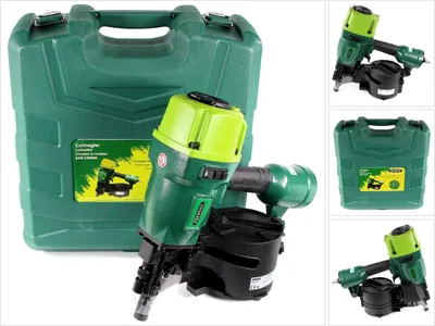 A collage of images showing a green and black coil nailer and its green carrying case.