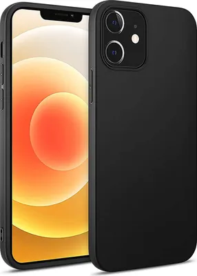 A black silicone phone case is shown next to an iPhone 12 Mini.