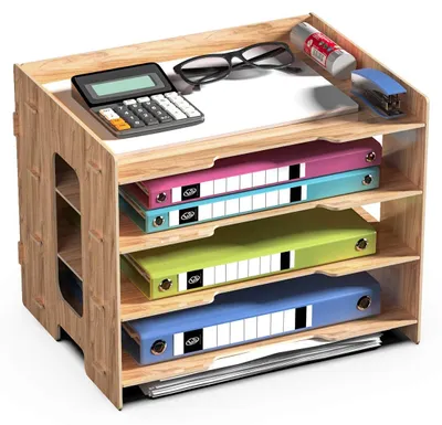 Image de Porte-documents de bureau en bois pour documents, casiers à courrier, rangement pour papier A4, compartiments de rangement pour lettres.
