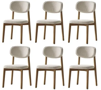 Immagine prodotto di Set di 6 sedie moderne, bianche, con struttura in legno e rivestimento in tessuto imbottito, ideali per la sala da pranzo