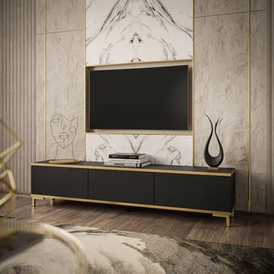 Produktbild von RTV Schrank OXFORD 175 cm, Schwarz / schwarz matt + gold, Beine: Gold