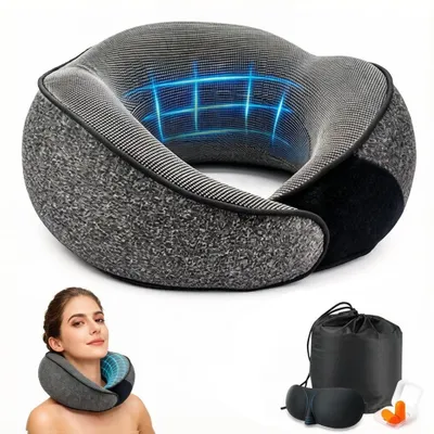 Imagen del producto de Almohada para el cuello para avión - Soporte de 360° con tapones para los oídos y antifaz