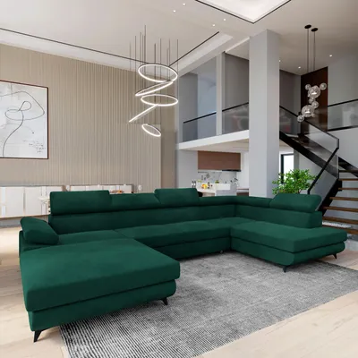 Produktbild von Masseno Ecksofa RUBANO R-S mit Schlaffunktion U-Form, Sofa mit Bettkasten, Wohnzimmersofa, Couch, Soffa, Bettsofa, Couchgarnitur- Grün, MONOLITH 37