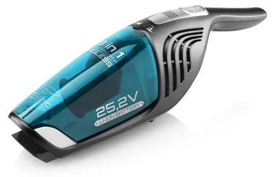 A cordless handheld vacuum cleaner with a blue dustbin and gray body, shown on a white reflective surface.