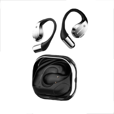 A pair of black and silver wireless earbuds and their charging case are displayed against a white background.