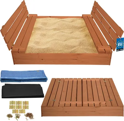 Produktbild von KOTARBAU® Sandkasten mit Abdeckung 140 x 140 cm Braun Großer Holzsandkasten Sandkasten mit Sitzbank und Deckel Gartenspielzeug Kinder imprägniert verschließbar mit Bänken