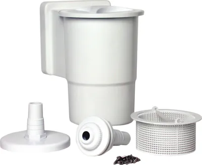 A white pool skimmer and its accessories are displayed against a white background.