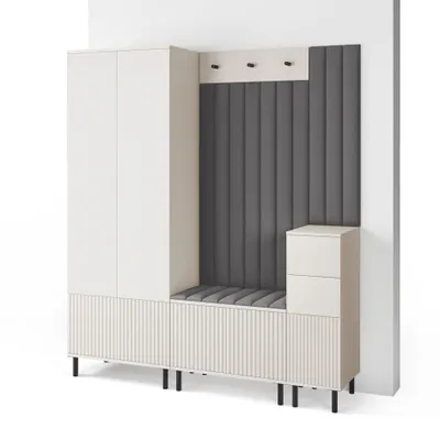 Produktbild von Garderoben-Set Ritmo version 7 – gefräste Kleiderschrank mit Polsterplatten, Schuhschrank, für Flur und Eingangsbereich (Cashmere, Trinity 15)