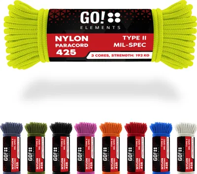 Produktbild von GO!elements 15m Paracord Seil aus reißfestem Nylon - 3mm Paracord 425 Typ II max. 192kg - Schnüre als Outdoor Seil, Allzweckseil, Survival Seil, Armband, Hundeleine, Nylonschnur, Farbe: Neon