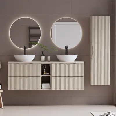 Produktbild von Badmöbel-Set 4-teilig mit 140 cm Doppelwaschtisch & 2 LED-Spiegeln in beige mit gerillter Front - CALURI-140