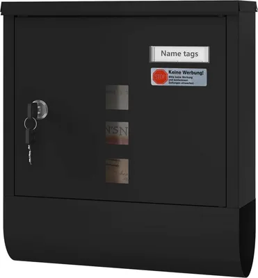 A black mailbox with a key and several labels on the front.