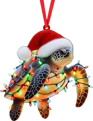Produktbild von Weihnachtsbaumschmuck, flacher 2D-Acryllöwe mit Weihnachtsmannmütze, Anhänger zum Aufhängen mit Seil